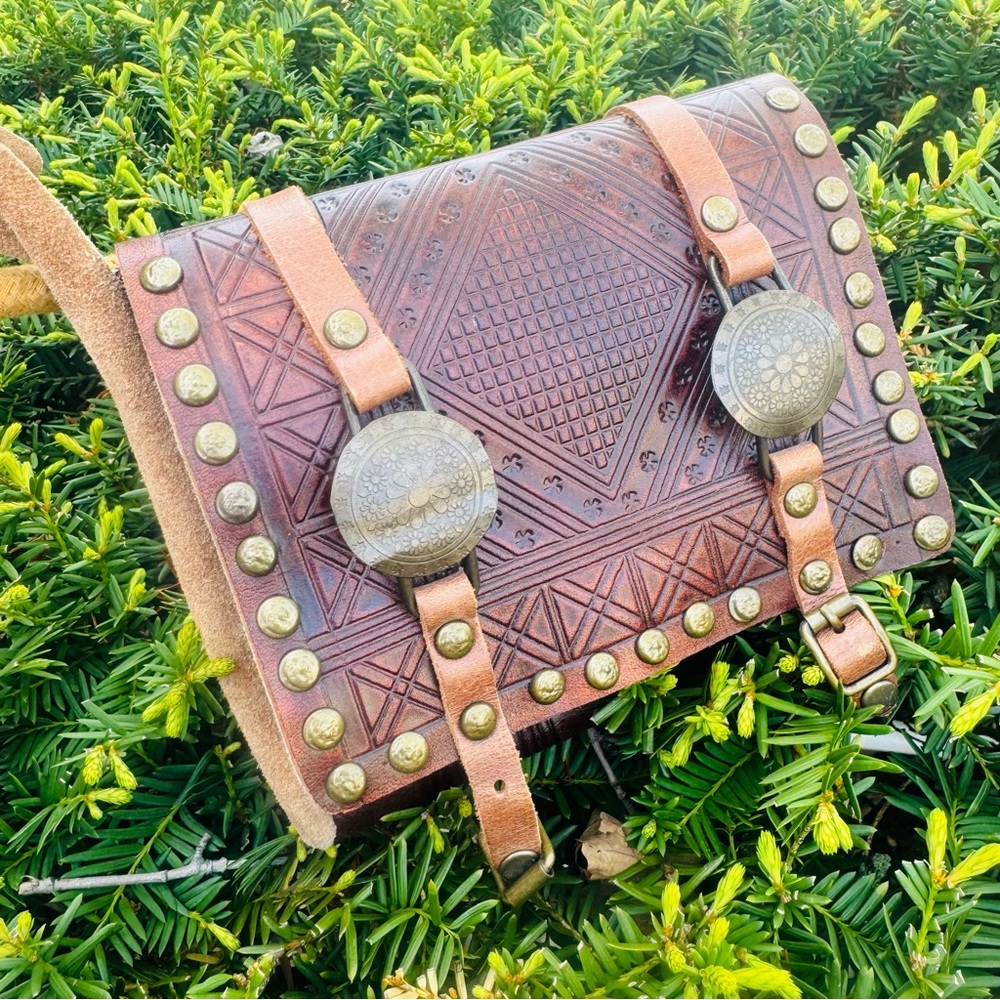 Brown Embossed Leather Crossbody Bag with Brass Accents - Picture 8 of 12